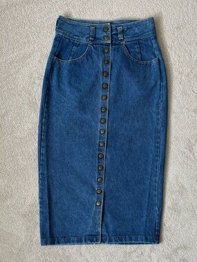 Big Ace Brand Vintage Denim Button Down Midi Skirt - Dark Wash - USA Made